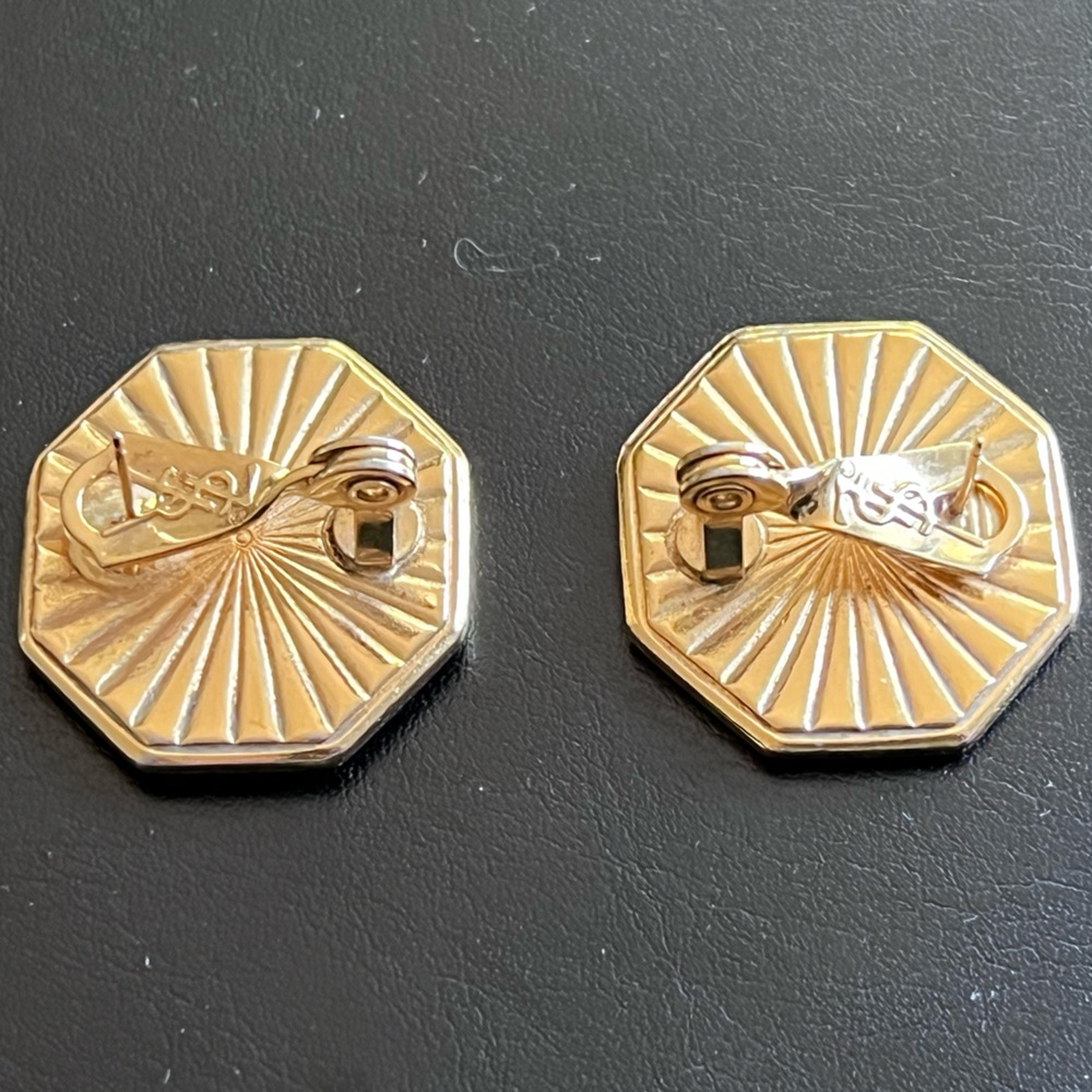 Vintage Yves Saint Laurent YSL Green and Gold-Tone Hexagon Earrings - Picture 4 of 5